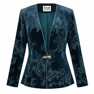 Velvet Evening Jacket R&M Richards Teal Paisley Clasp Blazer L